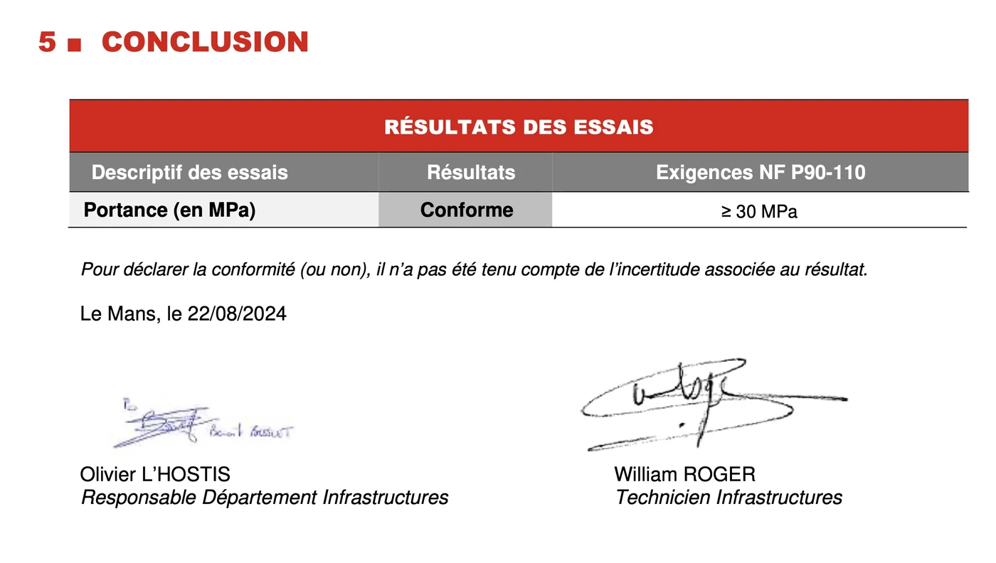 Rapport officiel de conformité NF P90-110 attestant que la plateforme de tennis béton poreux ADN-SOL respecte les exigences techniques de portance